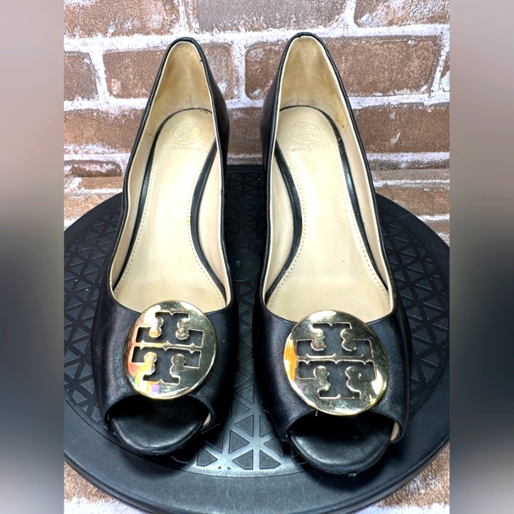 Tory Burch Designer Peep Open Toe Black Leather Wedges with Gold Medallion 8